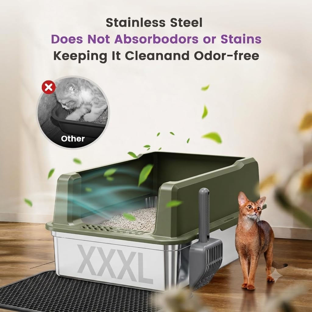 XXXL Stainless Steel Cat Litter Box with Lid, 26" L x 18" W x 12" H Metal Litter Box with High Sides for Big Cats & Multiple Cats, Never Absorbs Odors, Anti-Urine Leakage, Easy Cleanin(Green) image 4