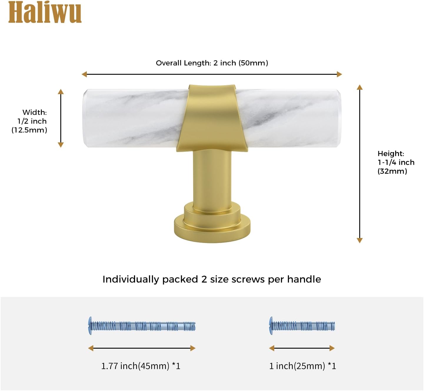 Haliwu 10 Pack Singel Hole Center White Marble Cabinet Pulls, 2 Tone Cabinet Handles Marble Grain and Gold Pulls Kitchen Hardware Drawer Handles
