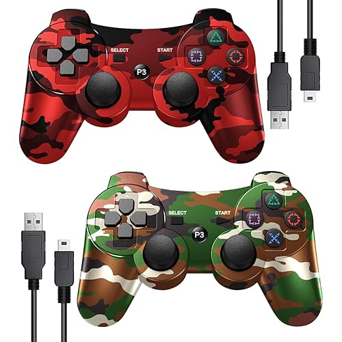 SWCTIM PS3 Controller Wireless 2 Pack,Upgraded Remote Controller for PS3,6-Axis Motion,Double Vibration,USB Charging Cable (Camo Red and Camo Green)