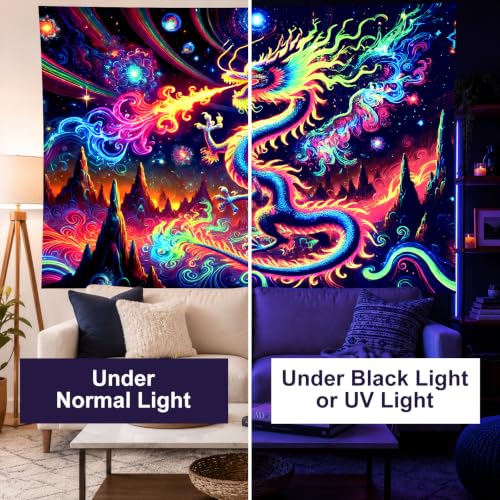 Image of BlissYard Dragon Tapestry Blacklight Tapestry 78x59 Inch UV Wall Hanging | Dragon Tapestry with Neon Dragon Skull Fantasy Scene for Gaming Room Bedroom Dorm and Trippy Wall Decor