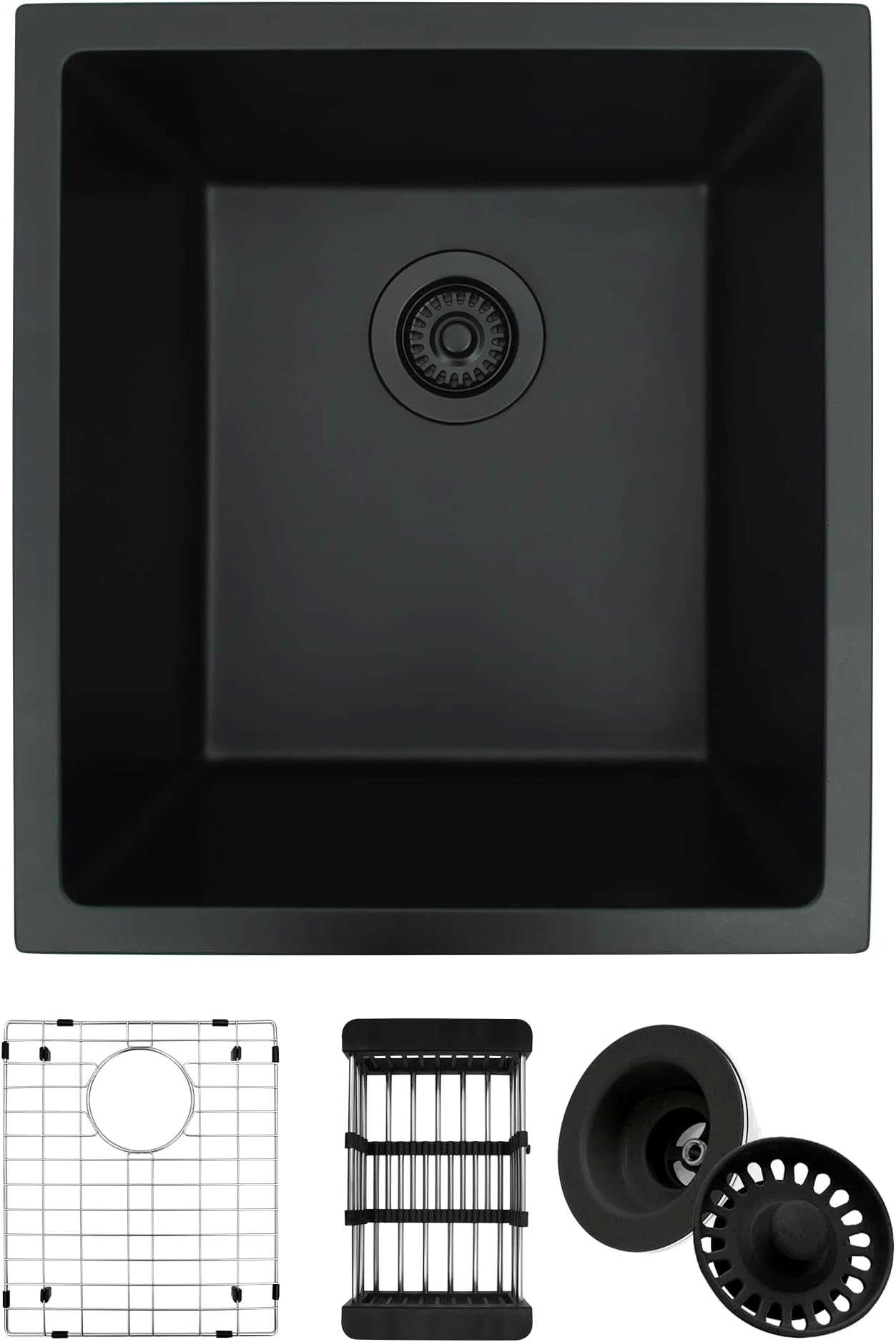 17" x 19" Black Bar Sink Undermount, Small Kitchen Sink With Accessories, Granite Composite Matte Black