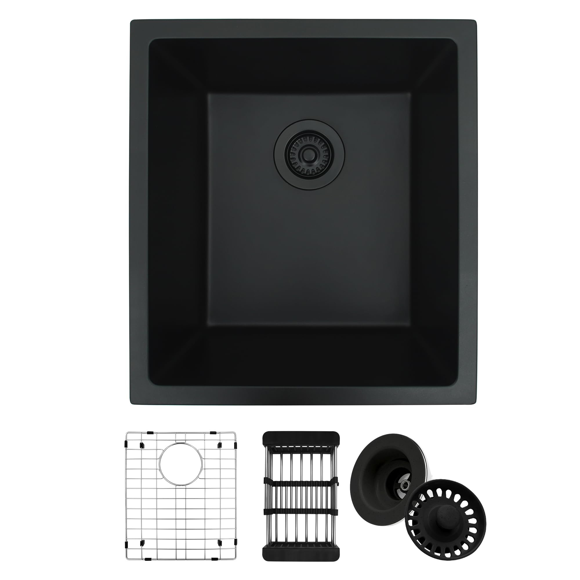 17" x 19" Black Bar Sink Undermount, Small Kitchen Sink With Accessories, Granite Composite Matte Black