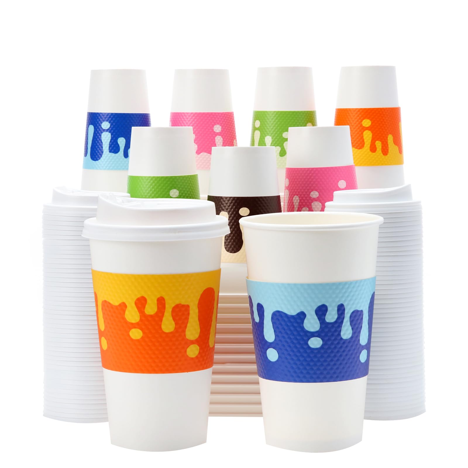 Tamone 100 PACK 16OZ Disposable Coffee Cups with Lids and Sleeves, 16OZ Paper Cups 5 Color To Go Coffee Cups with Lids Leak Proof, White Paper Cups