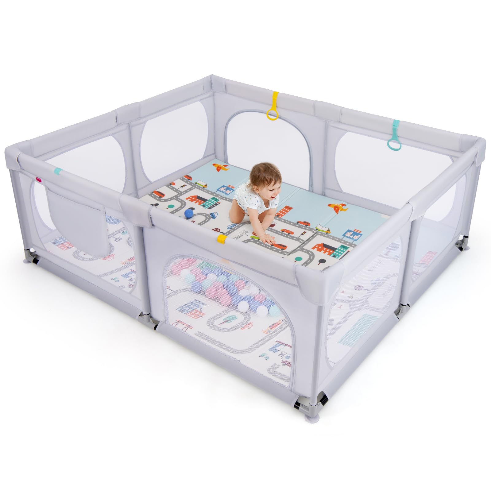LIFEZEAL Recinto Bambini con Tappeto Gioco, 189x158cm, Box Neonato con Materassino, Box Bimbo 0~36 Mesi con Borsa, Anelli e Palline Colorate, Recinto Neonati in Rete Traspirante (grigio chiaro)
