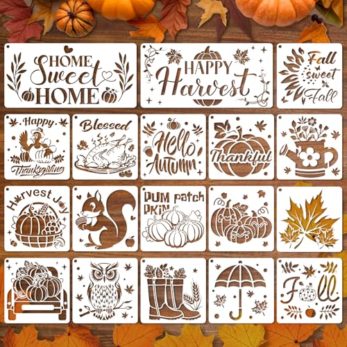 Konsait 18 PCS Fall Stencils for Painting on Wood, Happy Thanksgiving Templates Thankful Stencil Autumn Pumpkin Stencil Reusable Fall Door Mat Stencils for Fabric Drawing Crafts