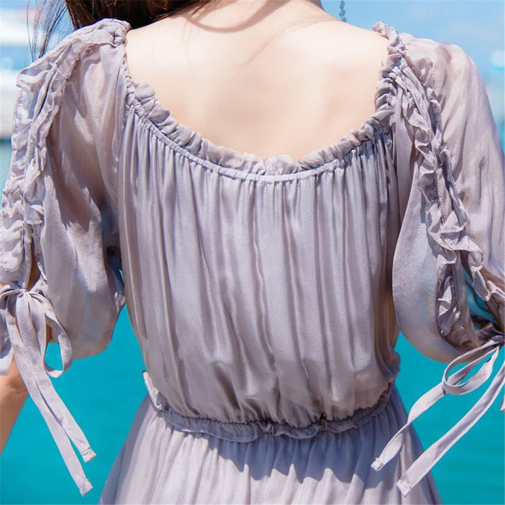 [Youllyuu] 100% 桑シルク夏ビーチ ドレス女性非対称半袖ミディ ドレス