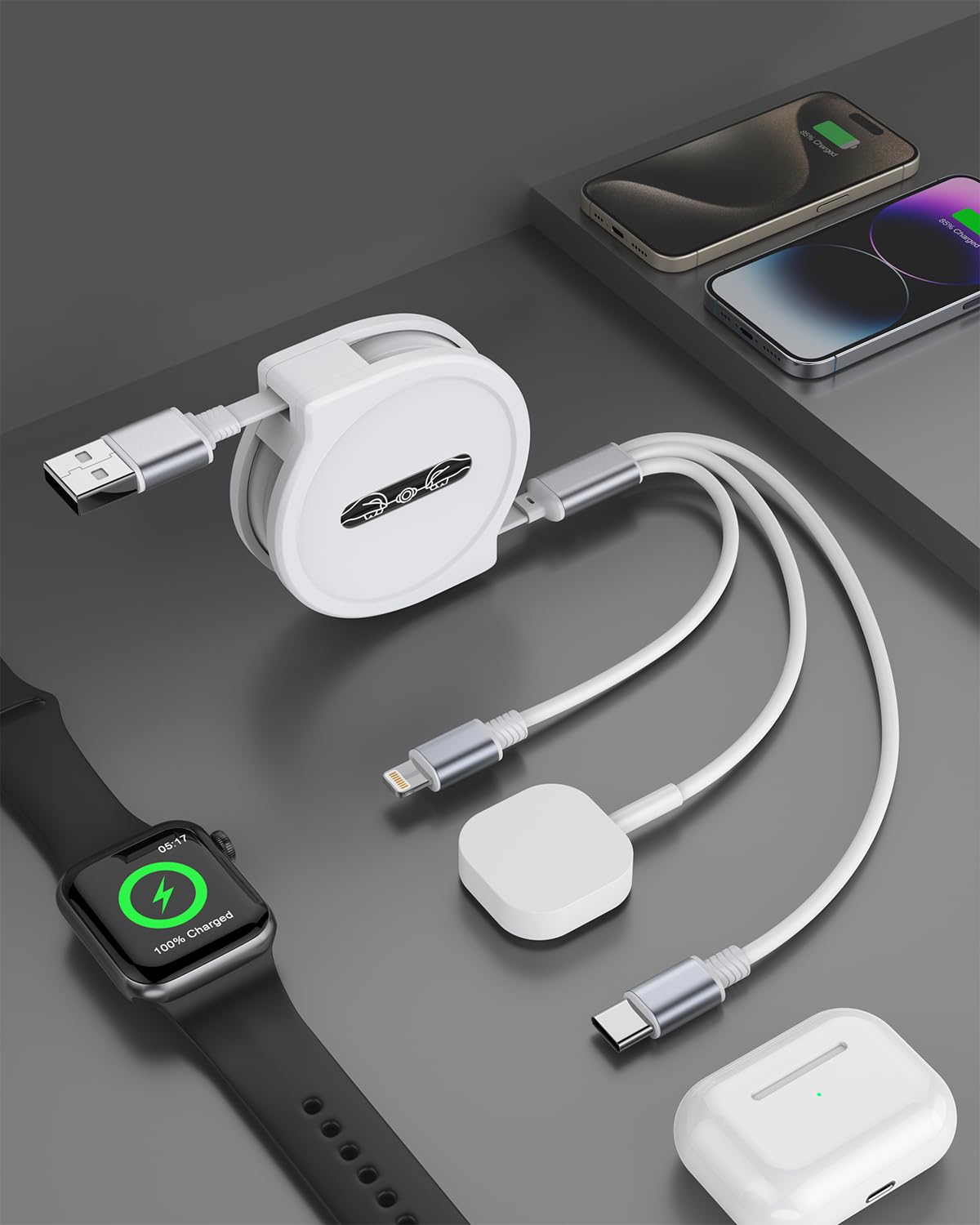 4FT Retractable Phone iwatch Charger Cord, Upgraded Multi 3 in 1 USB Charger for iWatch Charger+Lightning + Type C Compatible with iWatch Ultra/SE/9/8/7/6/5/4/3/2/1/Phone/Glaxy/Pad - White