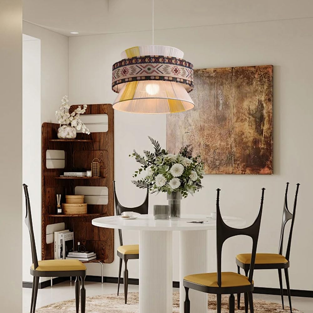 Bohemian Cotton Rope Woven Chandelier 13.77" Hand Pendant Lights Weaving Lampshade with Classic Tropical Pattern Elements for Living Room, Dining