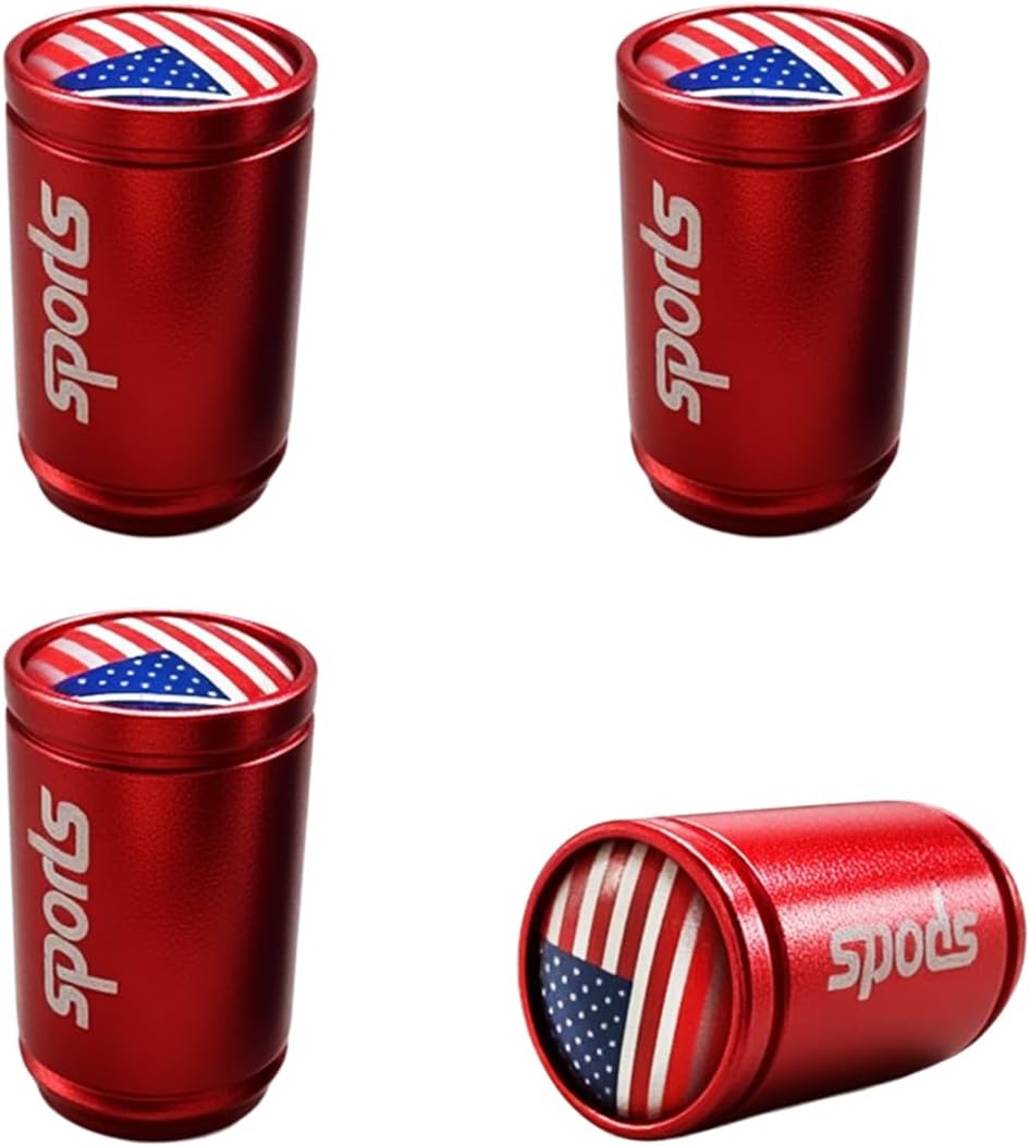 4 Tapones para Válvula de Neumático con Bandera Americana, Aleación de Aluminio Rojo