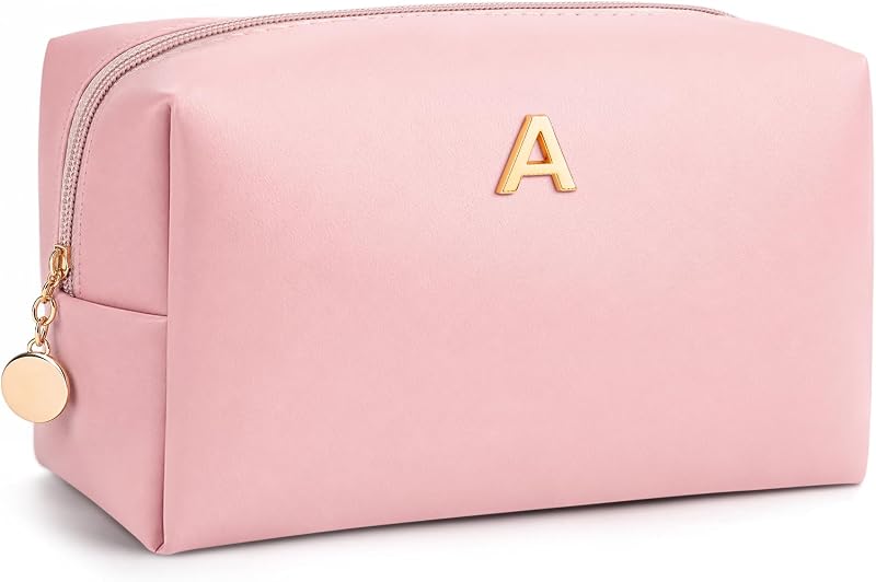 Necessaire de maquiagem personalizada YQHDT com inicial, rosa, em couro vegano, YQ-PI