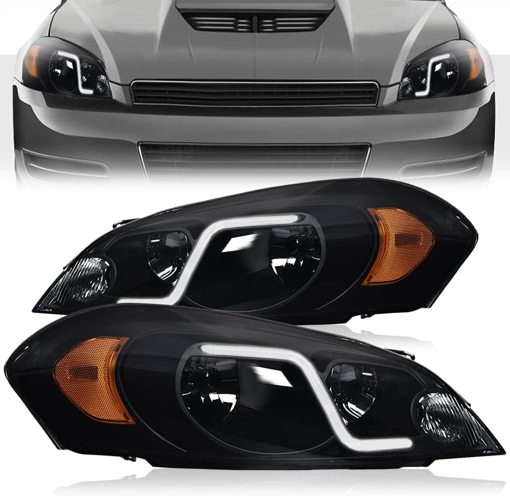 DOTCOM LED DRL Headlights Assembly, Compatible with 2006-2007 Chevy Monte Carlo/2006-2013 Impala/2014-2016 Impala Limited Headlamp, Driver & Passenger Side, Smoky lens Black Housing Amber Reflector