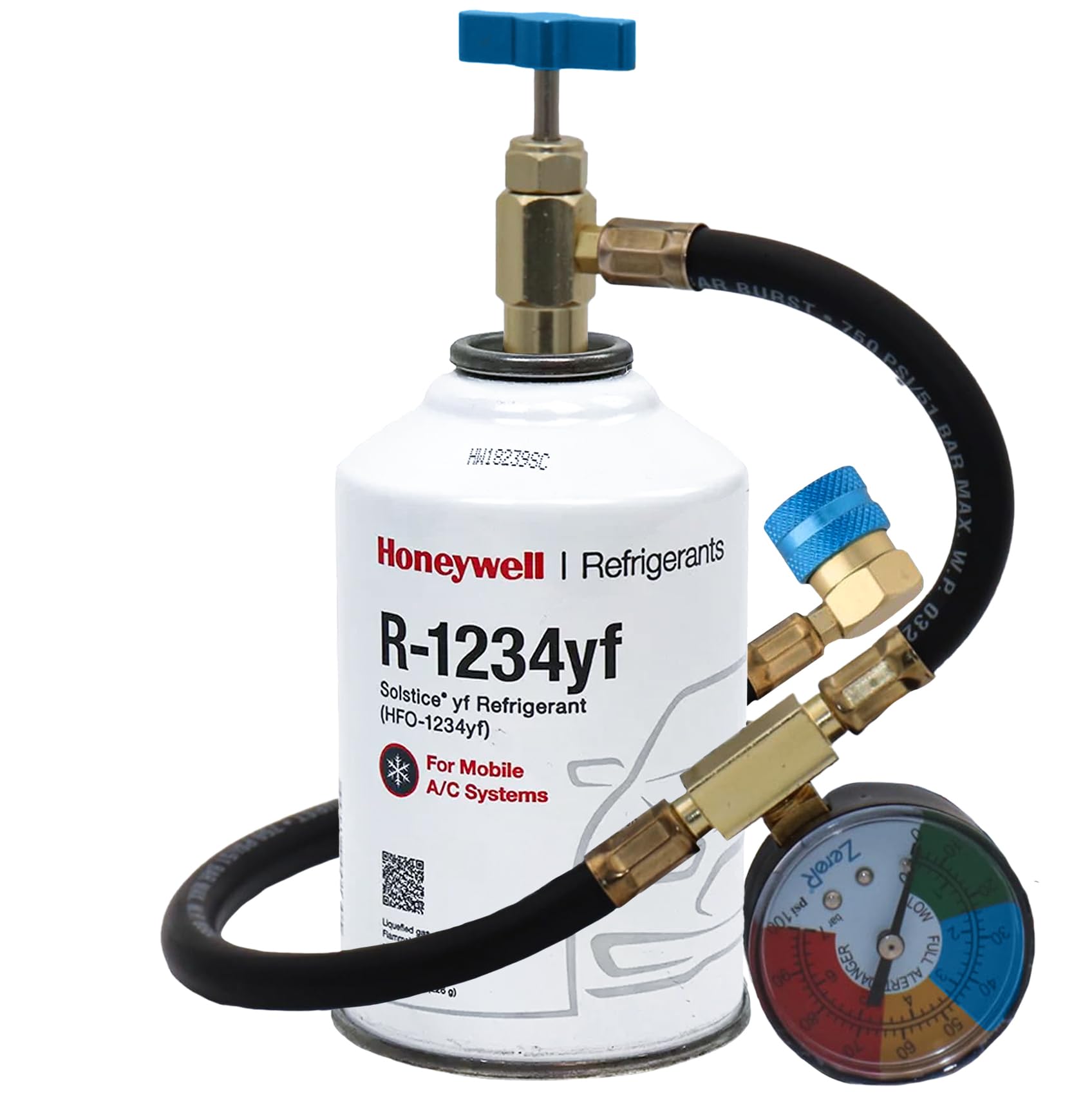 ZeroR® R1234YF Refrigerant Recharge Kit with 1 X 8oz R1234YF Can & 24" HD Brass Can Tap Gauge -, Ideal for Automotive AC Systems, Reverse-Thread Design - Easy Access to Hard-to-Reach Ports