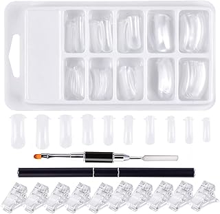 AvoDovA Nail Extensions Kit, 1PC 17CM Dual Ended Polygel Nail Brush, 100PCS Dual Forms Nails with Acrylic, 10PCS Transparent Nail Tips Clips for PolyGel UV Gel Acrylic Nails Extension