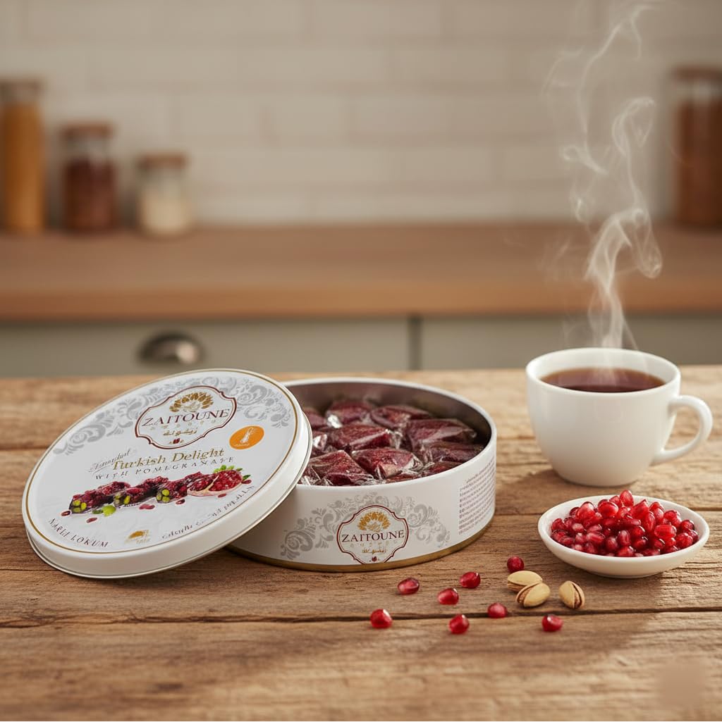 Zaitoune Pomegranate Covered Turkish Delight - 9 oz | Stuffed with Pistachios & Cashews | Coated with Dried Pomegranate Seeds | Authentic Lokum Sweets in a Gift Tin | Handmade & Individually Wrapped
