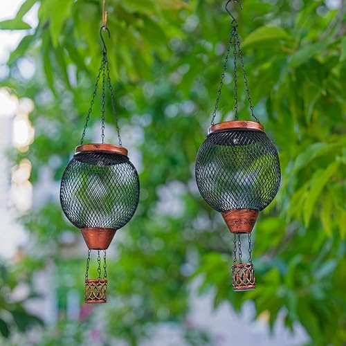 Miniatura 8 de Starsoul Linterna solar de globo de aire caliente con portavelas, globo solar de aire caliente parpadeante, luz colgante de llama para jardín,