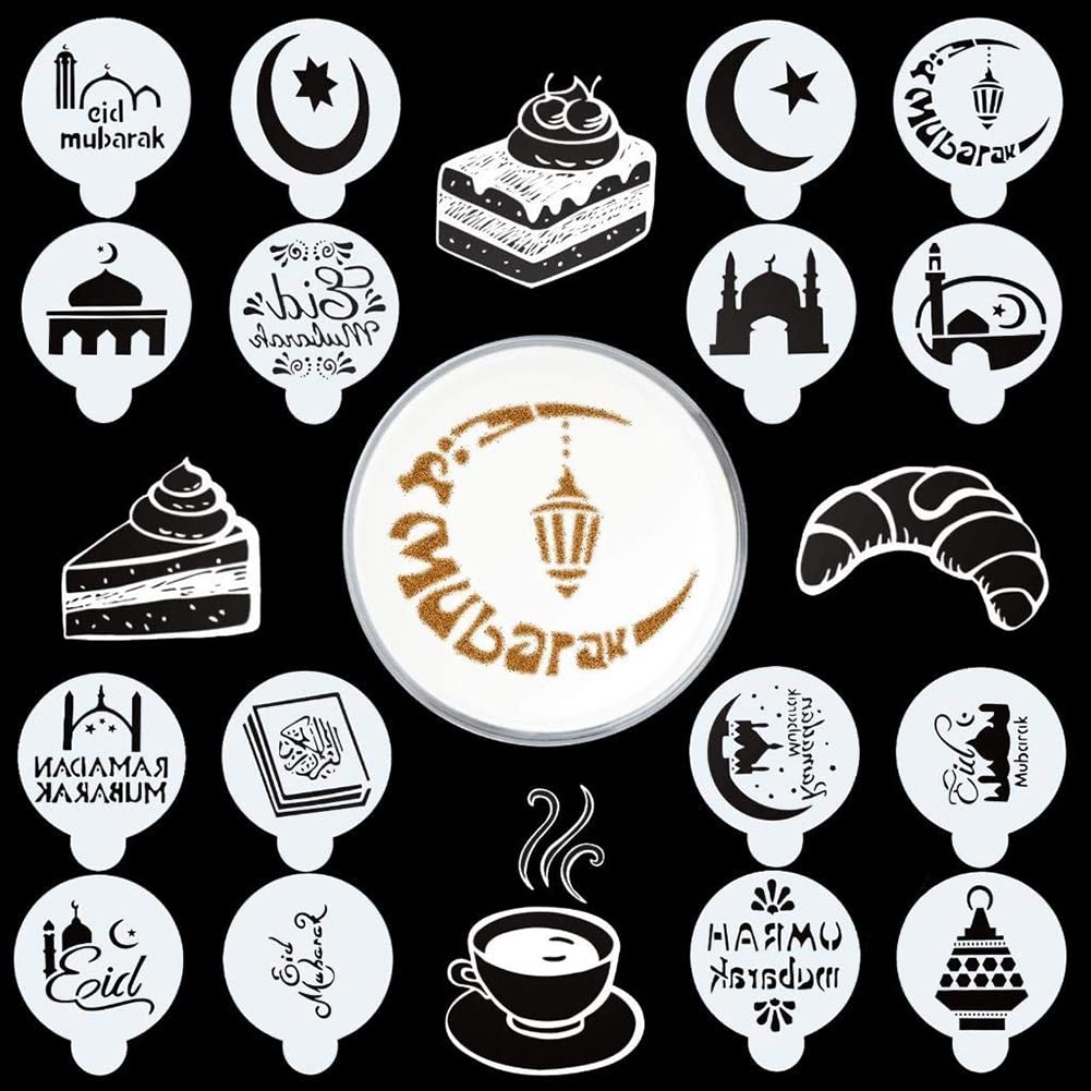 KASTWAVE Eid Ramadan Coffee Decorating Stencils, Cake Cookies Baking Painting Journal Mold Tools Templates Decor, Dessert Coffee Chocolate DIY Craft Islamic Ramadan Supplies 16Pcs
