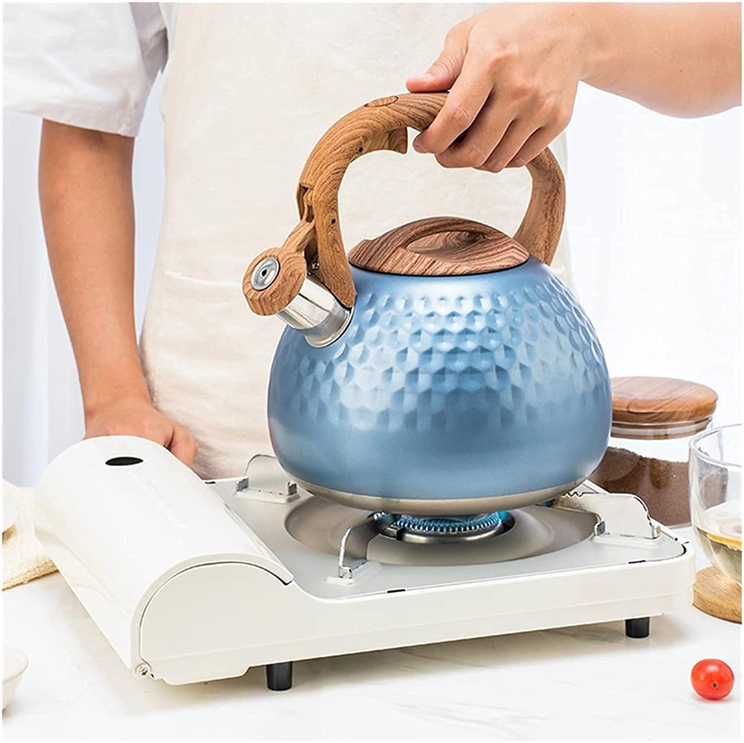 LONFFERY Tea Kettle, 2.5 Quart Whistling Tea Kettle, Tea Pots For Stove Top Food Grade Stainless Steel With Wood Pattern Folding Handle - White