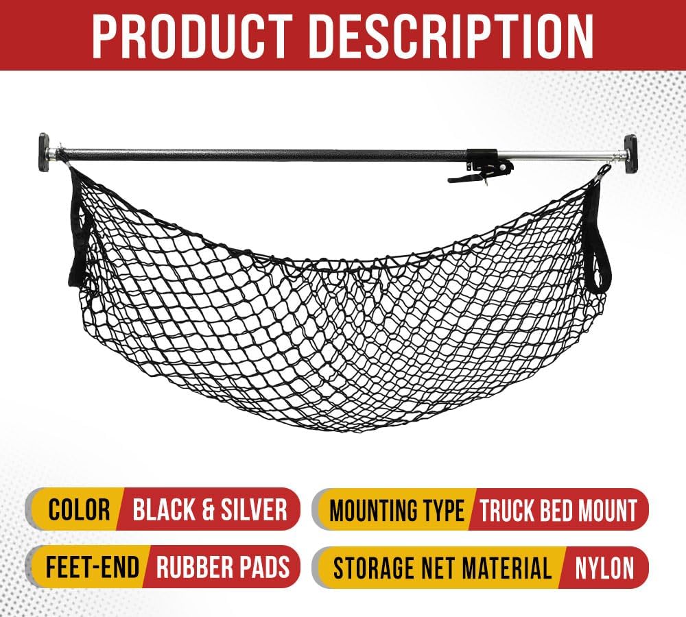 Mytee Products 40"-70" Ratcheting Cargo Load Bar for Pickup Truck Bed with 60"x24" Storage Net - Adjustable Load Lock Bars - Truck Bed Cargo Stabilizer Bar for Semi Trailers, SUV & Bed Divider