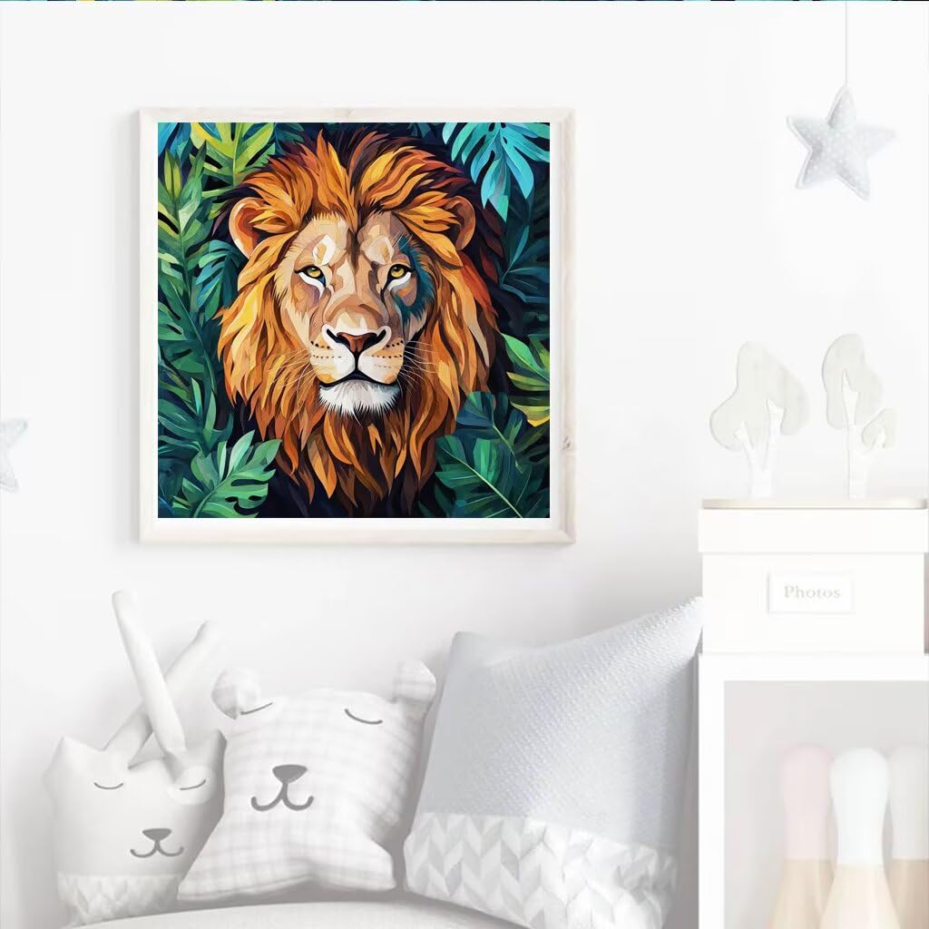 DIY LöWe Diamond Painting Erwachsene, 5D Dschungel Diamant Painting Bilder Kinder Anfänger, Mosaik Bastelset Erwachsene Diamanten Malerei Stickerei Kreuzstich Geschenk Home Wand Dekor 80x80 cm V-997