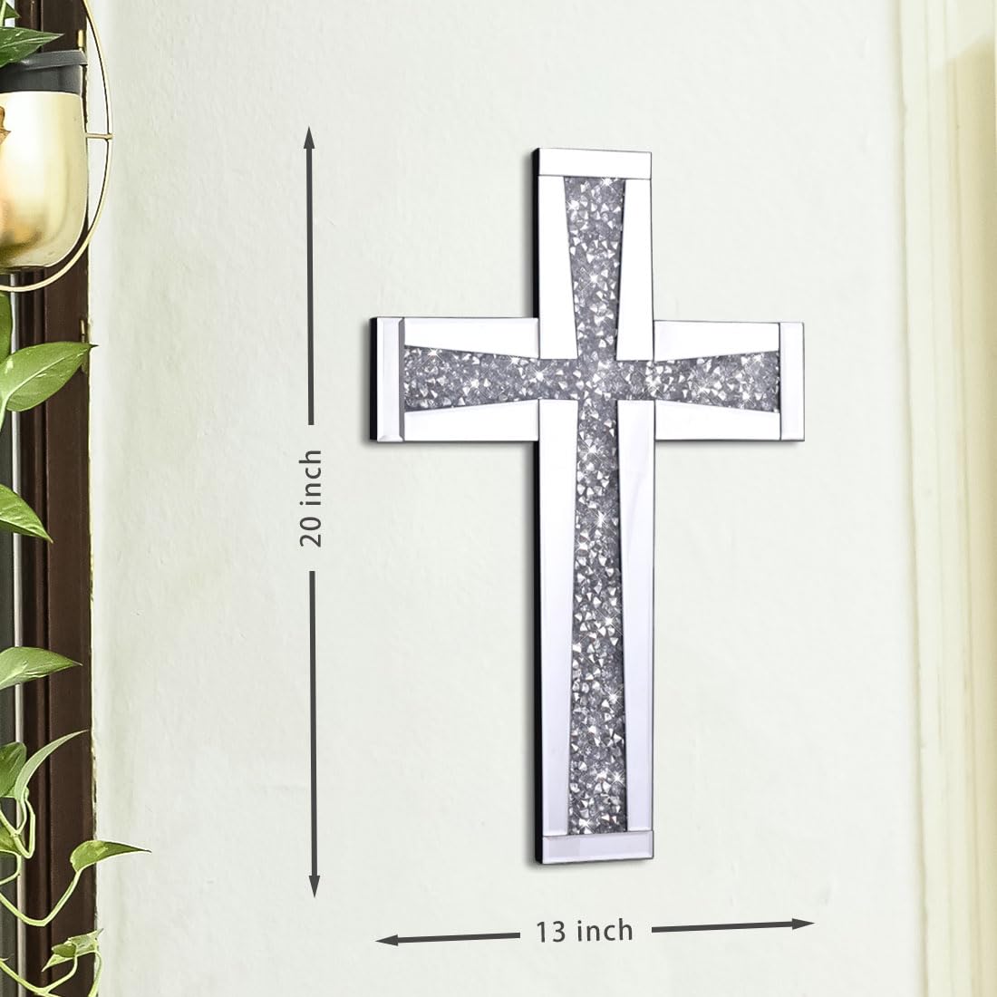 Aeveco Silver Mirrored Wall Cross 20×13 inch, Crystal Crush Diamond Cross for Wall, Living Room, Bedroom, Home Decor