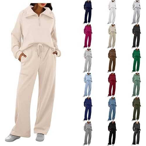 Womens Sweat Suits 2 Piece Set Casual Lapel Half Zip Sweatshirts and Wide Leg Pants Tracksuit Sets Fall Outfits
