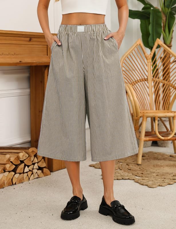 Marvmys Women's Cotton Capri Pants Striped Elastic Waist Casual Wide Leg Palazzo Culottes Pants with Pockets S-2XL
