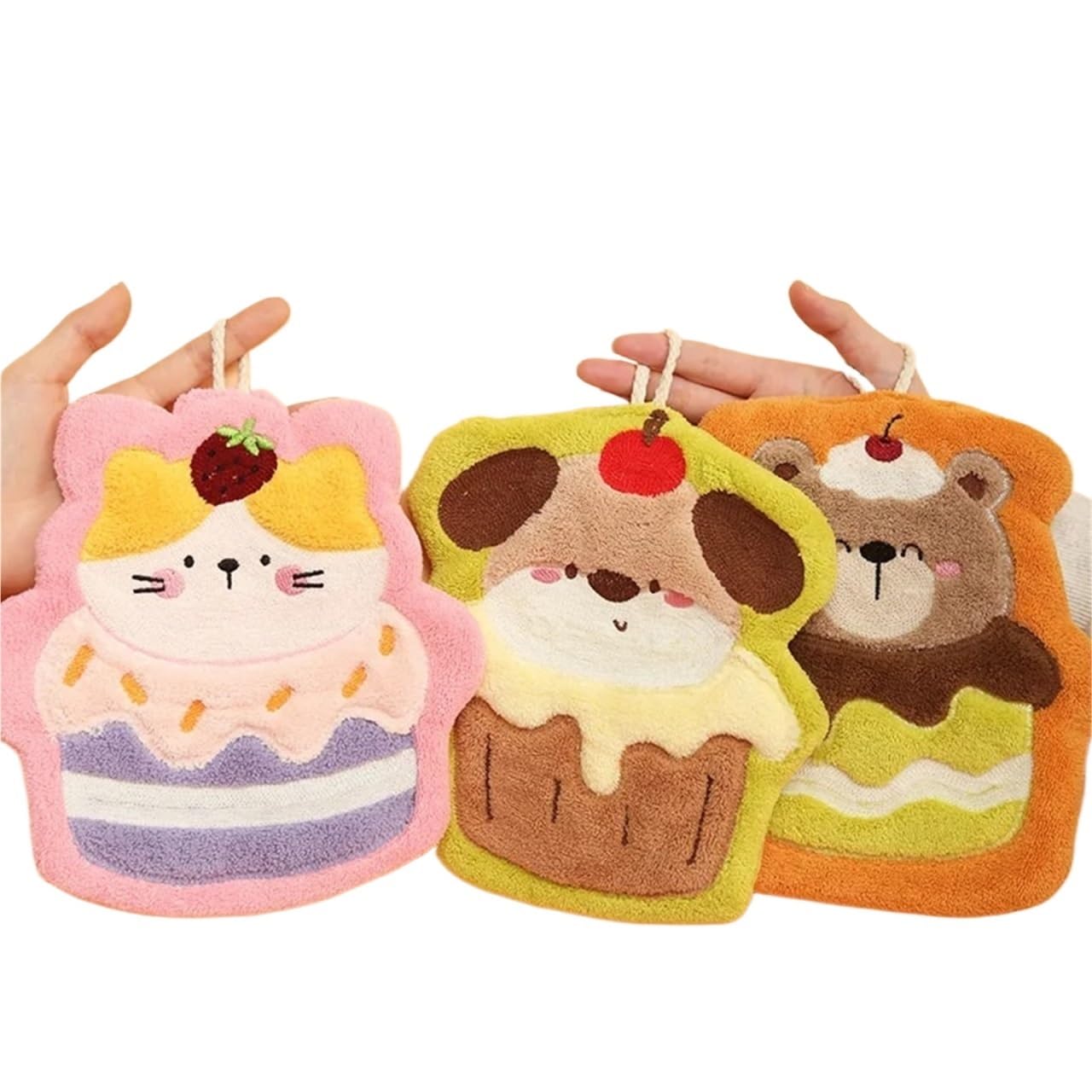 WSQHAO 3Pcs Animal Shape Cake Hand Towel - Soft Absorbent Kitchen Bathroom Cleaning Rag With Hangi for Hand(Mixed color)
