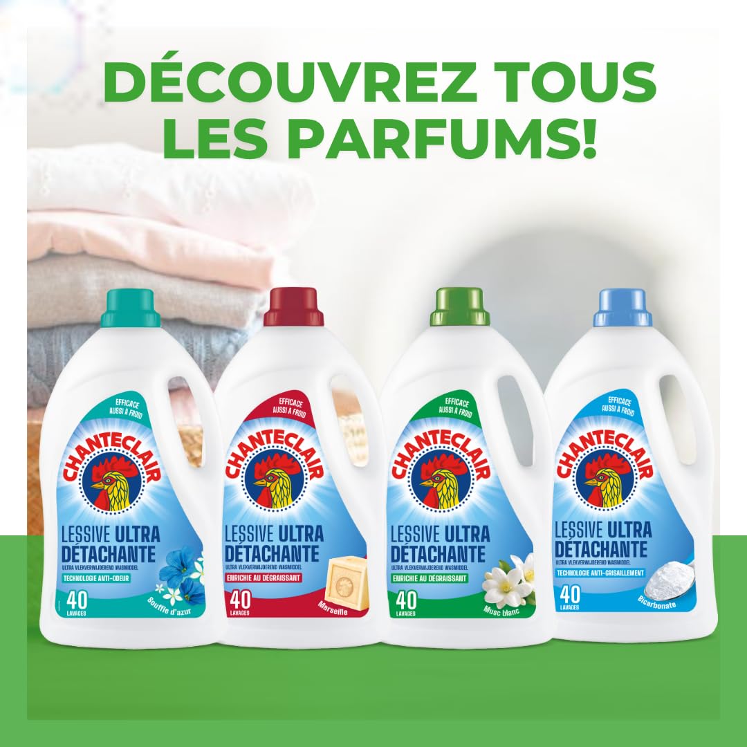 Chanteclair - Lessive Liquide Concentrées Musc Blanc, Enrichie au Dégraissant, Ultra Détachantes et Efficaces aussi à Froid, 40 lavages - 8x 1800 ml