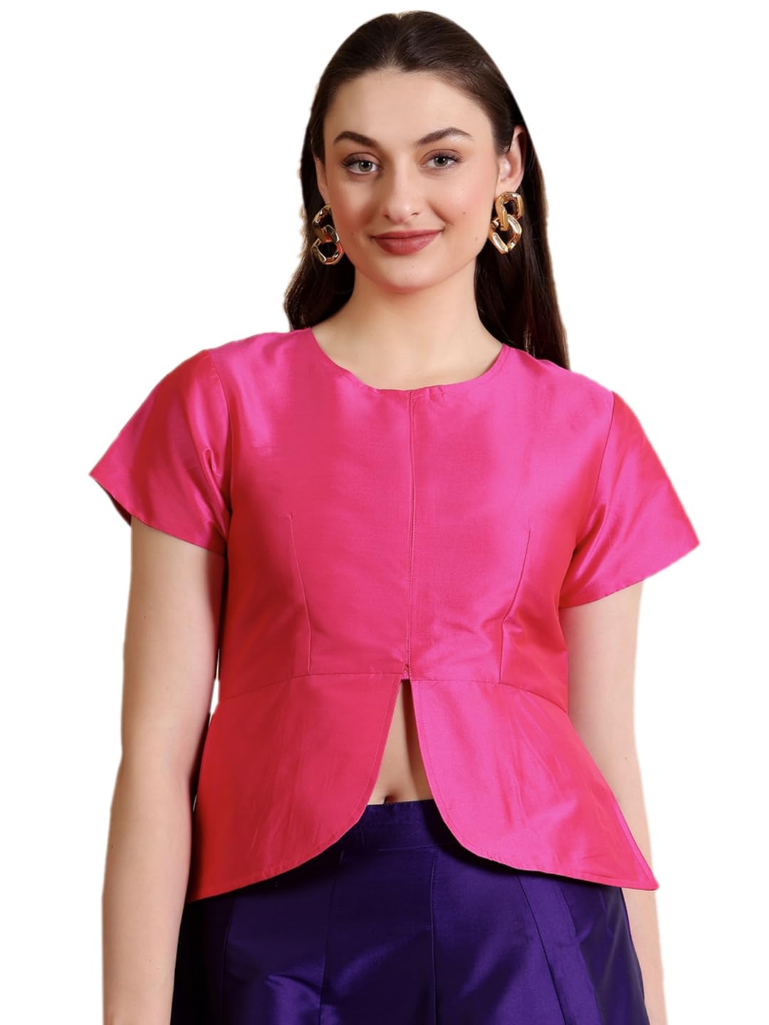 Frolic Rolic Solid Magenta Silk Blend Round Neck Short Sleeves Blouse-image-3