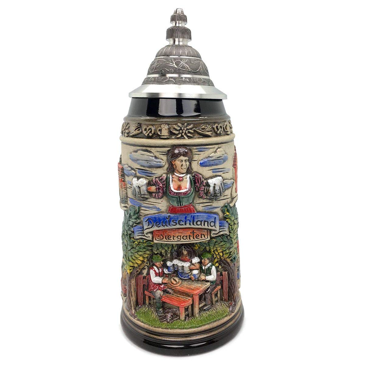 Biergarten 1 Liter Tankard Zoller & Born Mug Black Motif Made in Germany German Collectible Ceramic Beer Stein with Lid