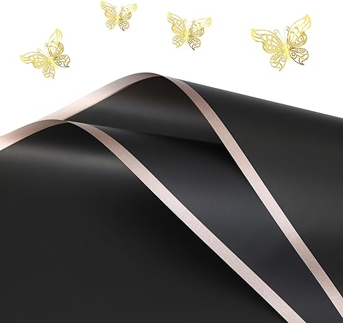 FWSA WRAPS Papel de regalo de flores negras, papel de regalo floral con 12 mariposas 3D, 20 hojas de borde dorado, impermeable, ramo de flores,