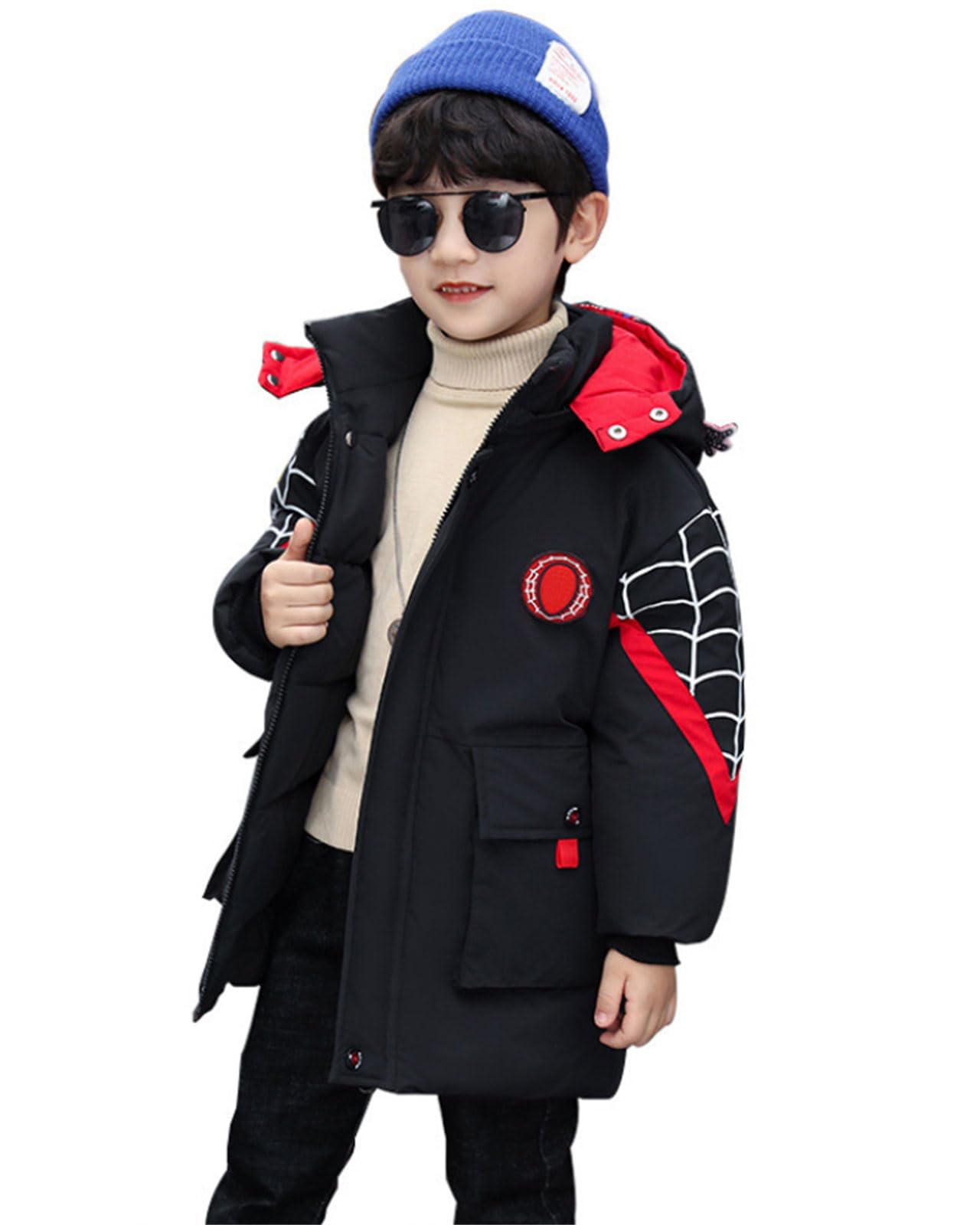 Manteau Garçon Hiver Mi-Longue Coton Araignée Veste à Capuche - Taille 130 CM - Noir/rouge