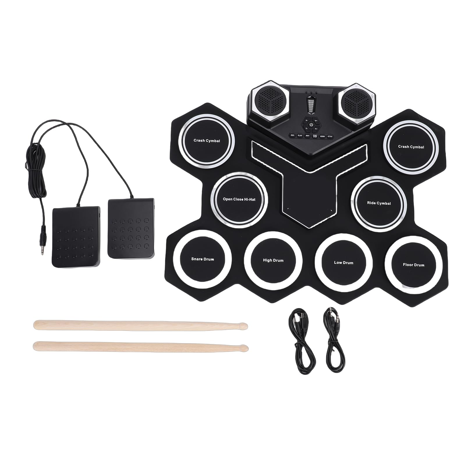 Jeffergarden Elektronisches Schlagzeug-Set, Tragbares Silikon-Pad mit 2 Pedalen und Sticks, Zwei Lautsprechern, Ideal für Kinder und Anfänger Zum Üben