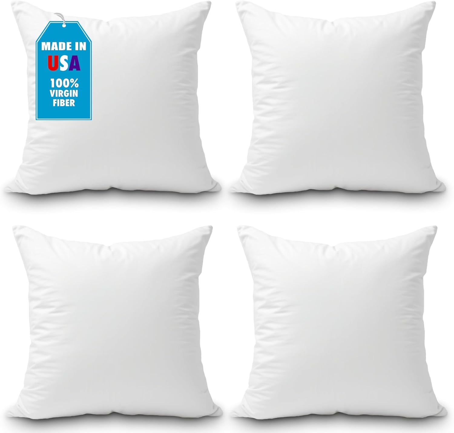 Foamily Throw Pillow Insert 18 x 18 inch (Set of 4) Hypoallergenic 100% Virgin Fiber Made in USA Bed, Sofa, Couch Decorative Indoor Pillows 18x18 Inch (Pack of 4)