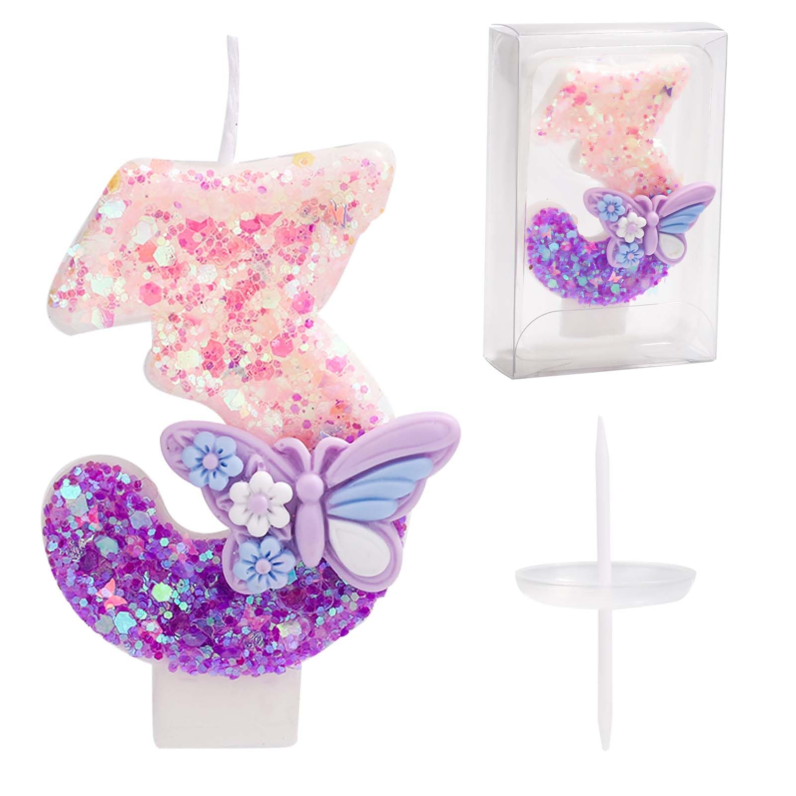 Números de Cumpleaños Velas, 7,2cm Velas Cumpleaños Mariposa Velas Pasteles con Lentejuelas Adornos Pastel Cumpleaños para Niñas Mujeres Suministros Fiestas Celebración Aniversario (Número 3)