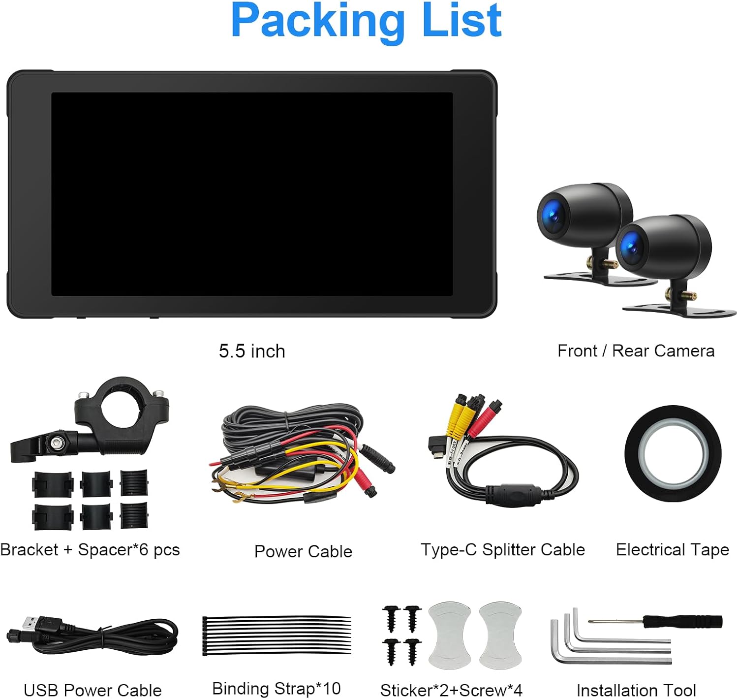 Weuaste Motorcycle DVR Packing List showing all included components
