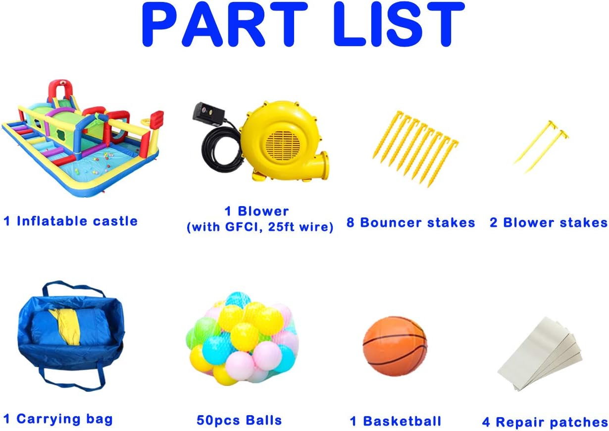 Greatest Product WELLFUNTIME Inflatable Bounce House, Jumping Castle Slide with Blower and Wave Pool, Basketball Rim, Tunnel Crossing