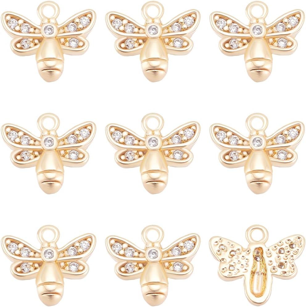 Beebeecraft 1 Box 12Pcs Honeybee Charms 18K Gold Plated Brass Cubic Zirconia Small Bee Charm for Jewelry Making Earring Bracelet Necklace DIY Crafts