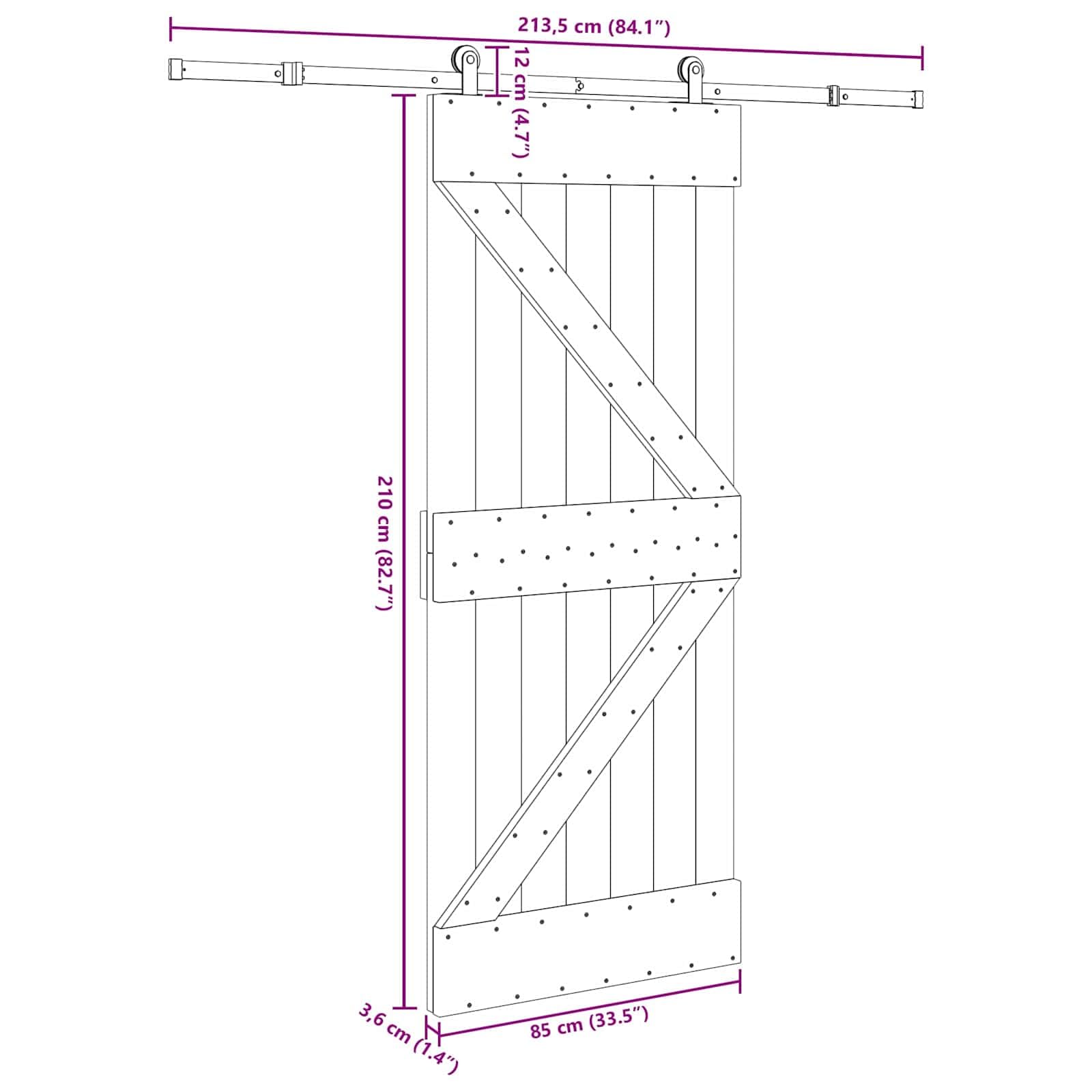 Puerta corredera Narvik natural y negra 213,5 cm | Madera de pino maciza, riel de acero, mecanismo superior, diseño de ahorro de espacio, para interiores