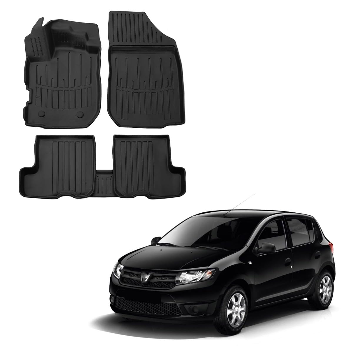 | Alfombrillas de Goma Premium 3D compatibles con Sandero 2012-2020, Sistema de fijación, Borde Alto, Negro, Antideslizante, fácil de Limpiar, Todas Las Estaciones