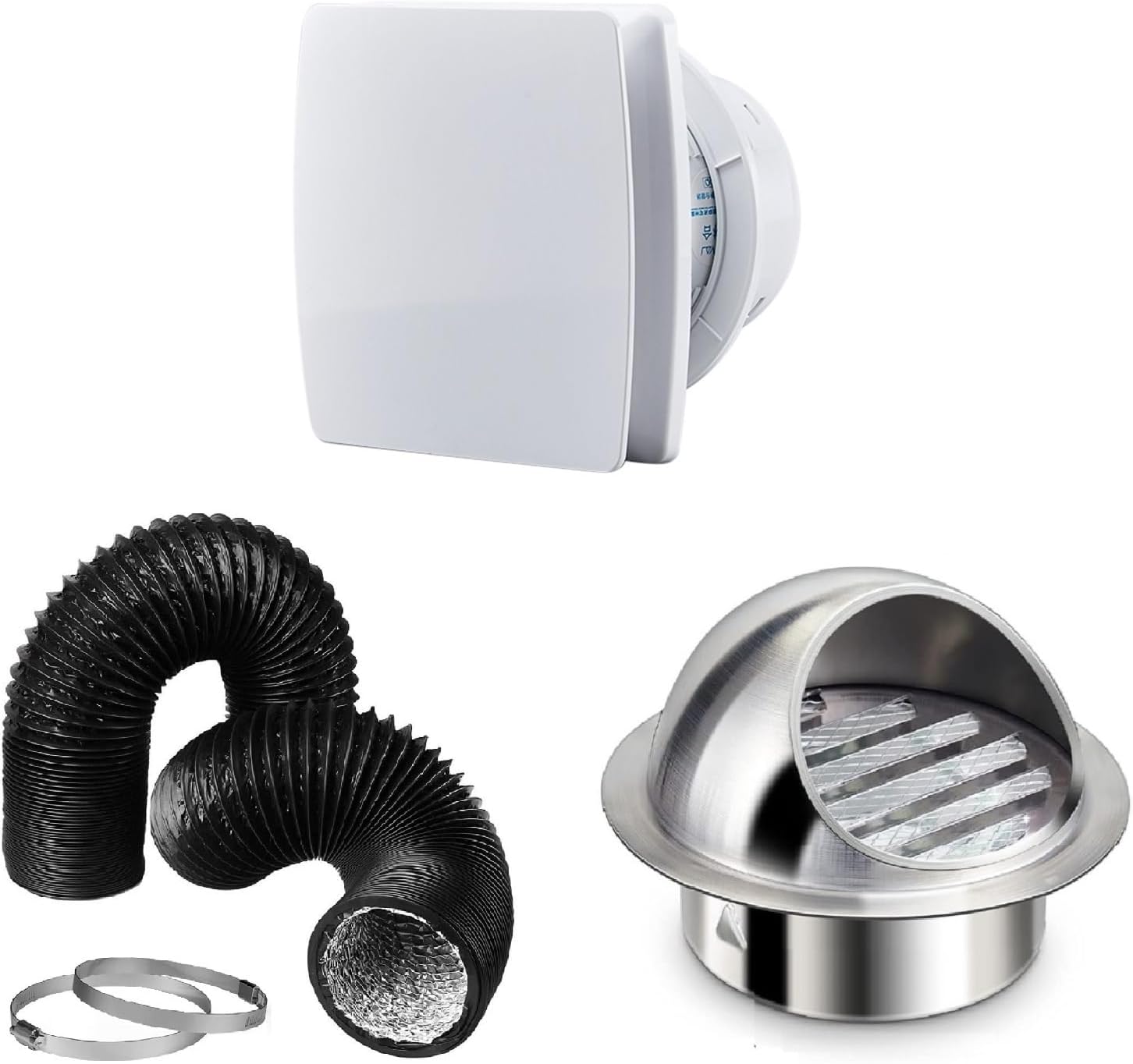4" Indoor Fan Vent kit, Indoor Ventilation Fan and 4"x16ft Dryer Vent Hose with 2 Screw Clamps and Wall Vent Cover for HVAC Ventilation