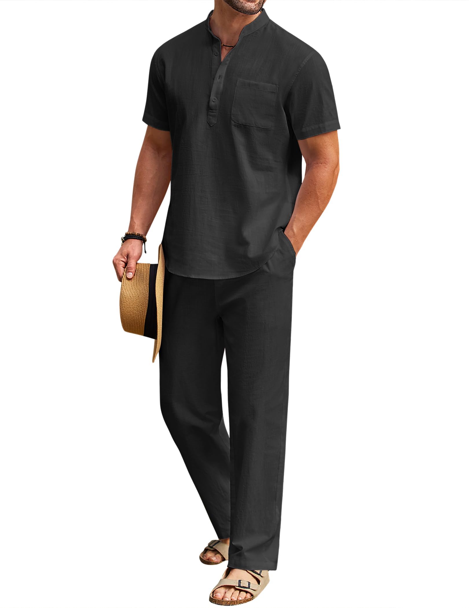 COOFANDY Men's 2 Pieces Cotton Linen Set Casual Short Sleeve Henley Shirts Beach Yoga Pants Summer Outfits