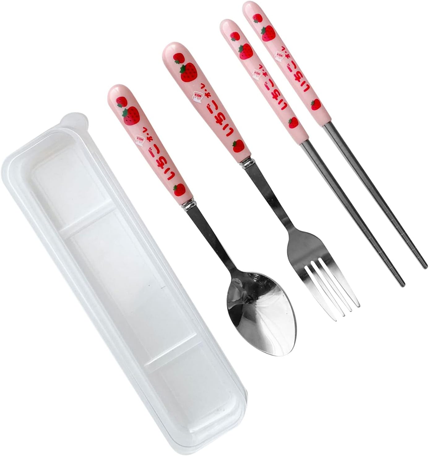 3 Piece Tableware Utensils Set Cute Handle Spoon Forks Chopsticks Portable Silverware Utensils Set, Stainless Steel Flatware Cutlery Set with Transparent Box for Work Camp Travel
