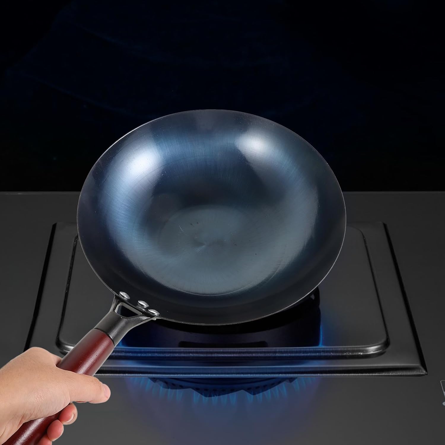 Traditional 30cm round Bottom Wok with Wood Handle, 1.5mm Thick Handmade Carbon Steel Stir-fry Pan, Non-coated Home Cooking Wok for Gas and Electric Stoves