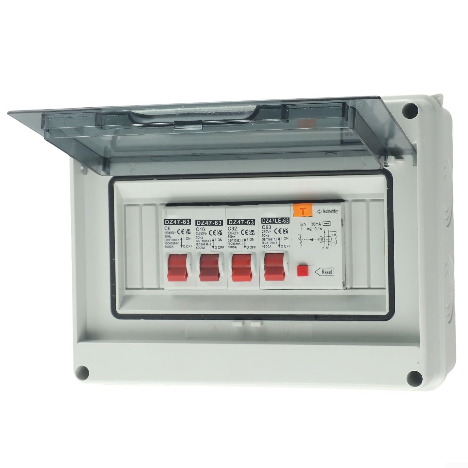 Contador de consumo de 3 vías IP65 con para rcd y 3 x MCB para garaje | Plástico ignífugo, 63 A, 230 V, protección contra cortocircuitos, para garaje, caravana, taller