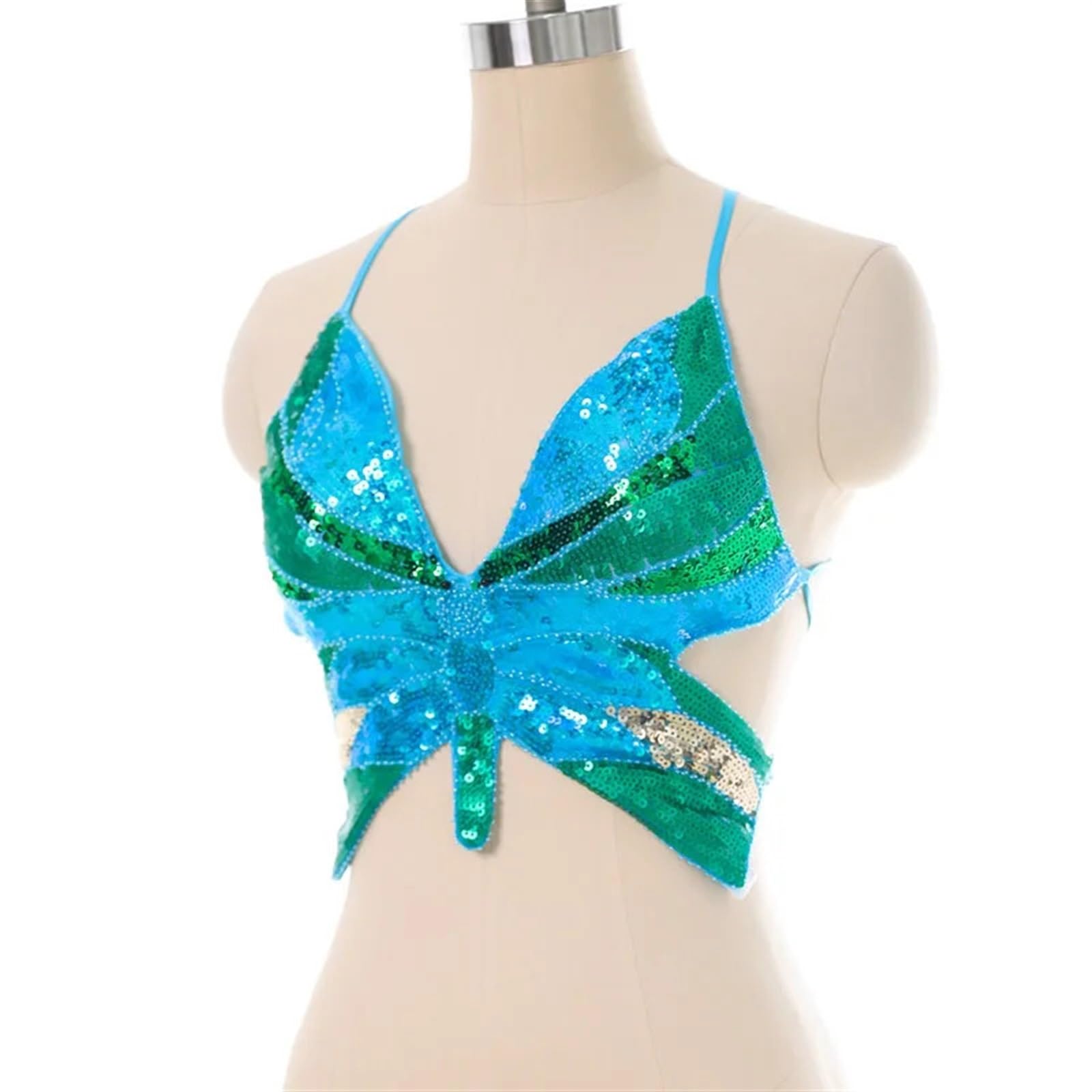 LIUHLFSR Belly Dance Sequins Butterfly Bra Nightclub Stage Bar Top Performance for Dancing Carnival Party(Blue green)