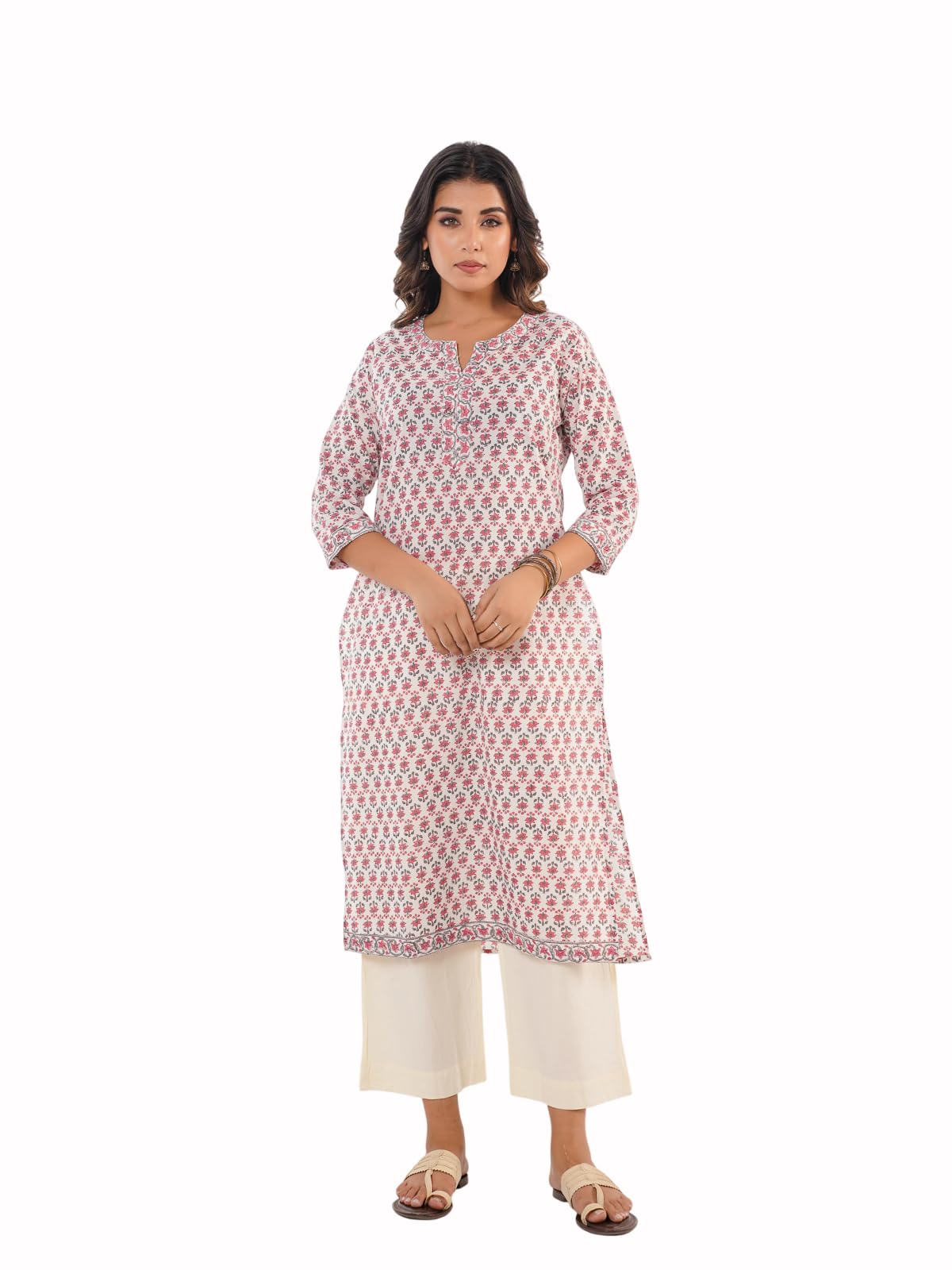 goodhand Pure Cotton Floral Printed Long Kurta for Women | Straight Fit Ethnic Kurta | Round Neck 3/4 Sleeve Kurta-picture-55