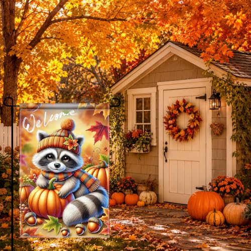 Image of BlissYard Fall Garden Flag 12x18 Inch Cute Raccoon Pumpkin Welcome Decor | Double sided polyester, fall raccoon pumpkin design, cozy woodland decor for Thanksgiving porch and yard