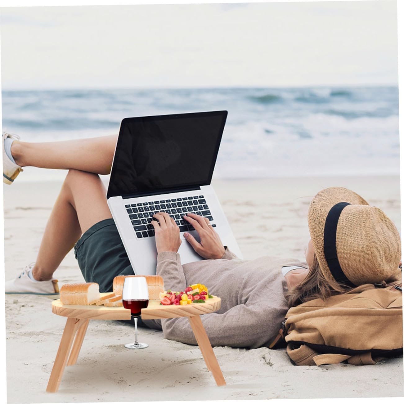 FAVOMOTO Portable Wooden Picnic Table with Foldable Wine Rack, Outdoor Serving Desk for Camping, Beach, Patio Dining, Lightweight Fold-up Design