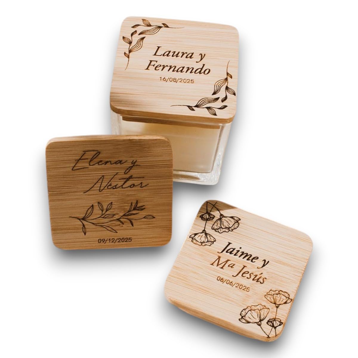 Vela aromática personalizada boda con tapa de madera – Pack de 50 Velas decorativas con nombre y fecha, detalle invitados elegante